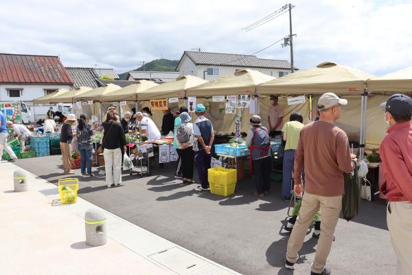 ずらりと並んだ朝市のテントの下で野菜を販売する人々や、テントの前に近寄って販売品を見るお客さんたちを写した写真