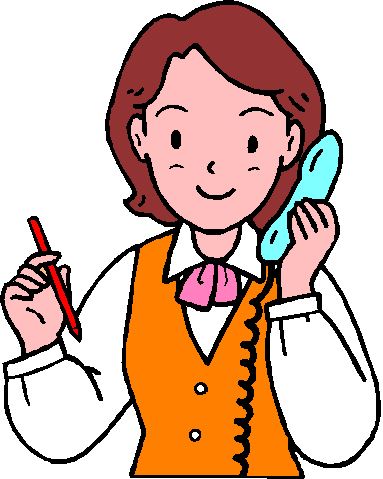 笑顔で電話対応をしている、事務服姿の女性のイラスト