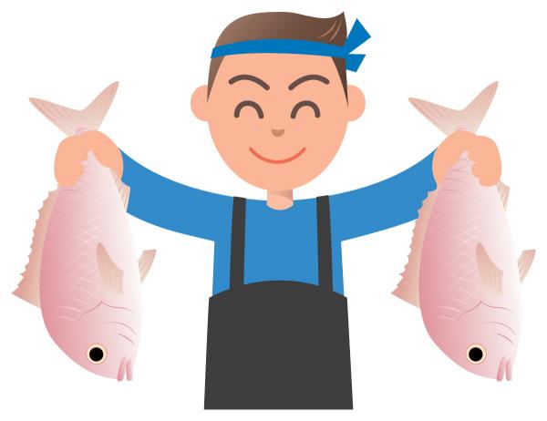 防水服を着た男性が、二匹の魚をそれぞれの手で持ちあげて笑顔を見せているイラスト