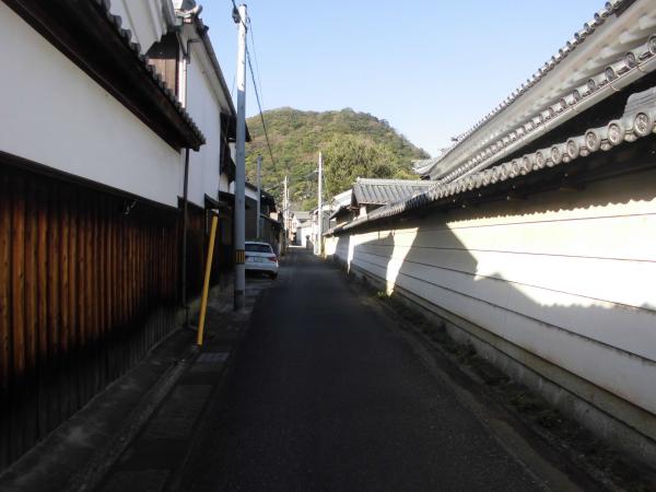 右側に白壁を基調とした塀に瓦が載った塀瓦の塀と、左側には下が木材で上が白壁を基調とした塀瓦の塀が建ち並ぶ御堂ノ後の写真