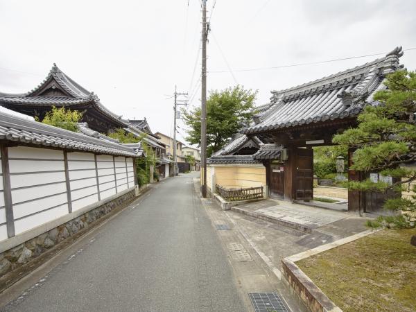 左側は白い塀に瓦を載せた塀瓦の塀と、右側は門に瓦を載せた数寄屋門の入口が開いて中の石像が見えている下タ町の写真