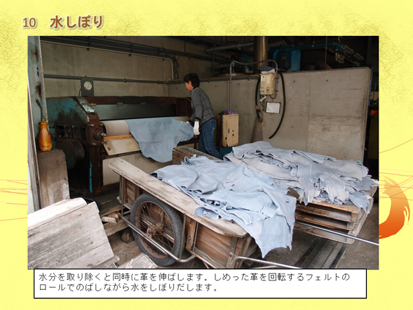 男性が革をロールがついている機械で作業している写真と「水分を取り除くと同時に革を伸ばします。しめった革を回転するフェルトのロールでのばしながら水をしぼりだします。」の文字