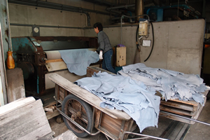 男性が革をロールがついている機械で作業している写真