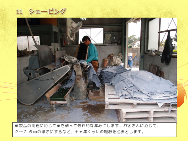 男性が革を2つのロールの間にいれて作業している写真と「革製品の用途に応じて革を削って最終的な厚みにします。お客さんに応じて、2～2.5ミリメートルの厚さにするなど、十五年くらいの経験を必要とします。」の文字