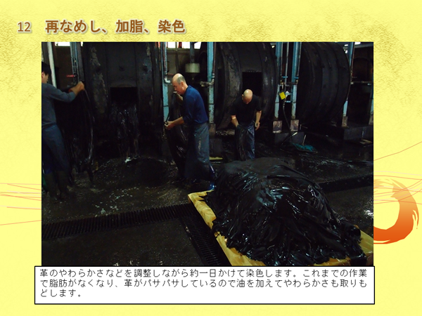 男性が革を染めて、染められた革が台の上に積み上げられている写真と「革のやわらかさなどを調整しながら約一日かけて染色します。これまでの作業で脂肪がなくなり、革がパサパサしているので油を加えてやわらかさも取りもどします。」の文字