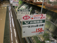 ほうれん草がお買得品として設置されているポップの写真