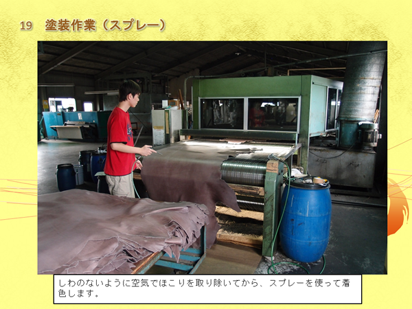 男性がローラーがついている機械に革を広げて作業をしている写真と「しわのないように空気でほこりを取り除いてから、スプレーを使って着色します。」の文字