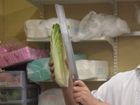 白菜の長さと比べた野菜専用の包丁の写真