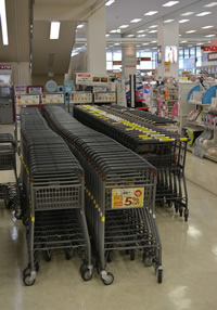 種類ごとに4列に並んだ通路に並んだショッピングカート置き場の写真