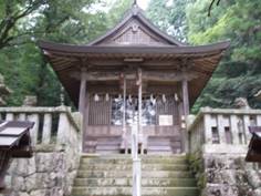 青々とした木々を背景に、苔の生えた石の階段の先にある木造の小さな神社の写真