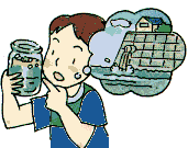 排水溝から曲がれ出た水が入った瓶を見ている男の子のイラスト