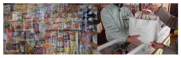 左：たくさんのレトルト食品やペットボトルが並べられている写真、右：職員に紙袋に入った食品を手渡している写真