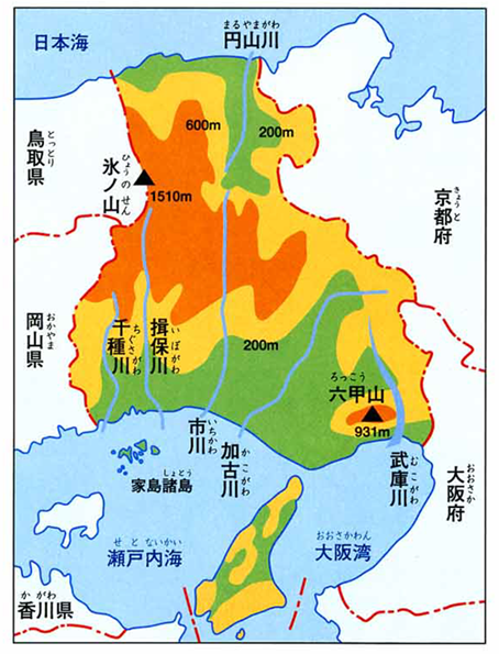 兵庫県の隣接する川や山の山頂などを示した地図