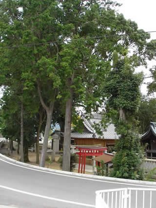 周囲に木々が生えた境内に拝殿や社殿の建物や、朱色の鳥居が設置された辻内神社の敷地を灰色の塀でぐるっと取り囲んでいる写真