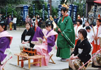 神社の境内に前から太鼓を前に置き座って演奏を行っている紫色の着物の上からピンク色の袴を着た女の子たち、その後ろに緑色の衣装を身にまとった1人の女の子が立ち、後ろに巫女の衣装を着た小さな女の子たちが並んで立っている小五月祭りの様子の写真