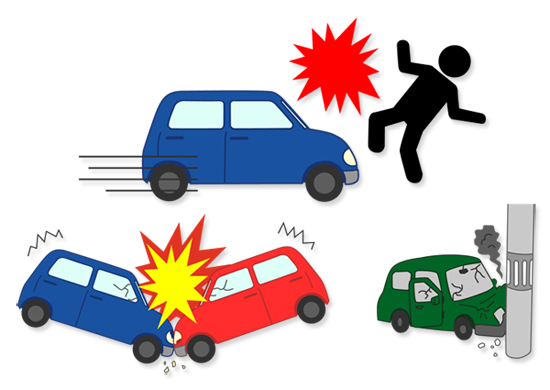車と人の人身事故や車同士の事故、自損事故のイラスト