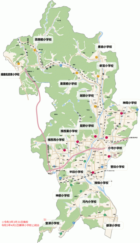 たつの市内にある小学校の位置を示した地図