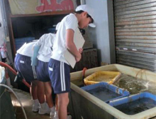 魚魚市の生け簀の中を、体操服を着た3人の児童が覗いて見ている写真