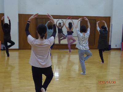 参加者が前にいる講師のポーズを真似して、両手を広げ、右足を上げ左足でバランスをとっているバレトンの写真