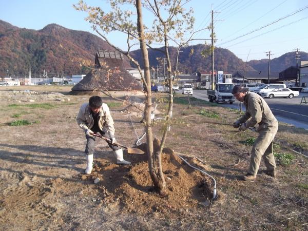 植栽をするために土をスコップで掘っている2人の男性を撮影した写真