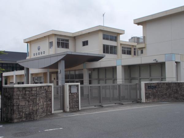 白い外壁の半田小学校の大きな建物と学校の門を写した写真