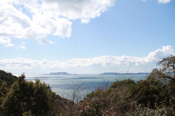 青空が広がった山の奥に、瀬戸内海が広がっている景色の写真