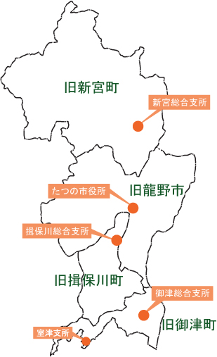 本庁・各総合支所の場所を示した地図